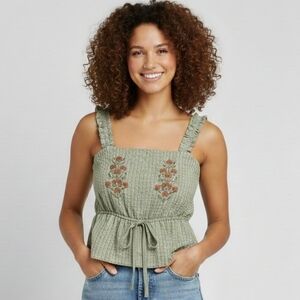 Mine Olive Floral Embroidered Crop Top Women's L